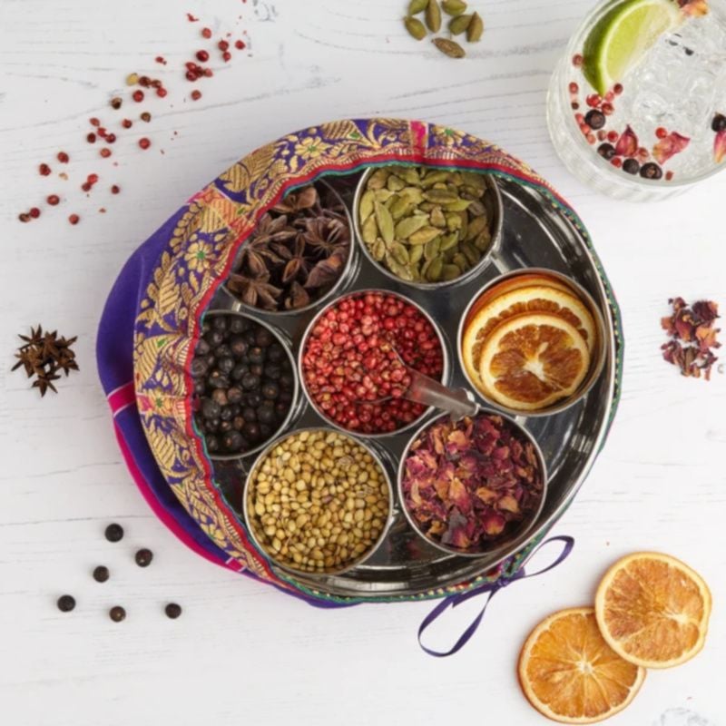Gin Botanicals Tin With 7 Botanicals & handmade silk sari wrap